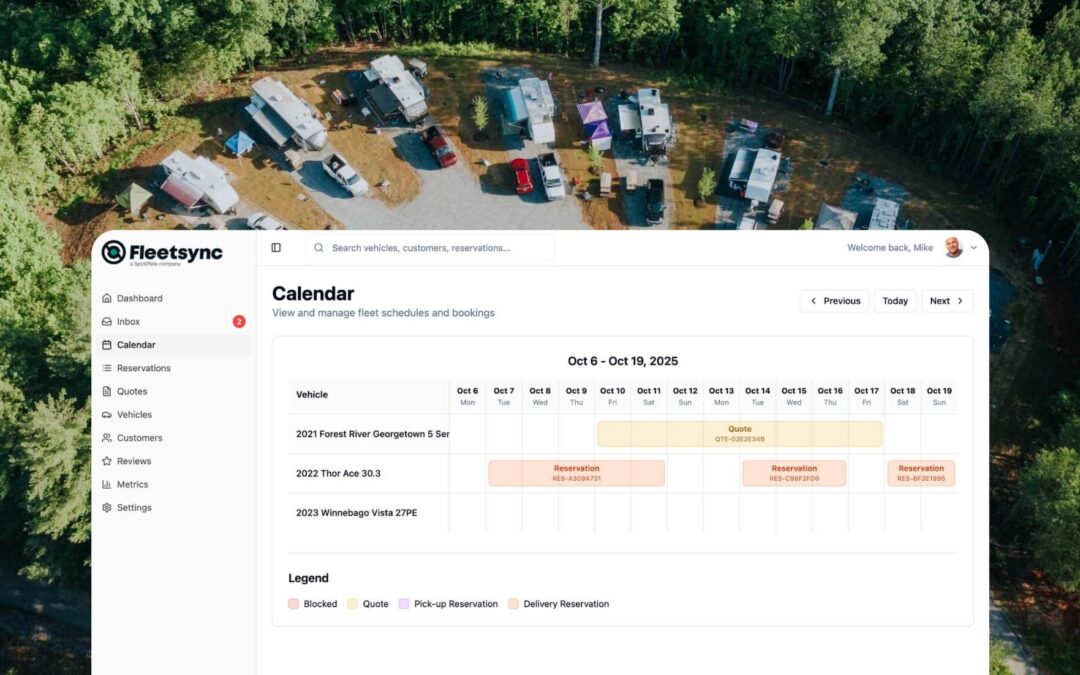 Aerial view of wooded RV campsites with an overlay of the Fleetsync dashboard calendar.