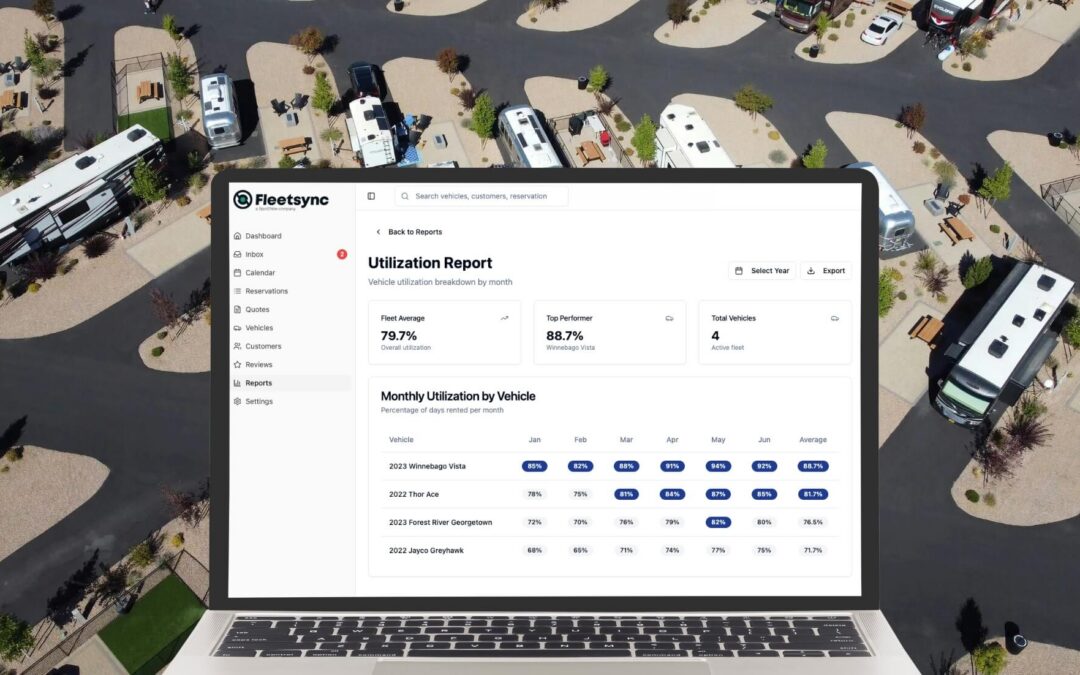 Aerial view of a row of RVs with a laptop device showing Fleetsync's fleet management analytics monthly utilization report