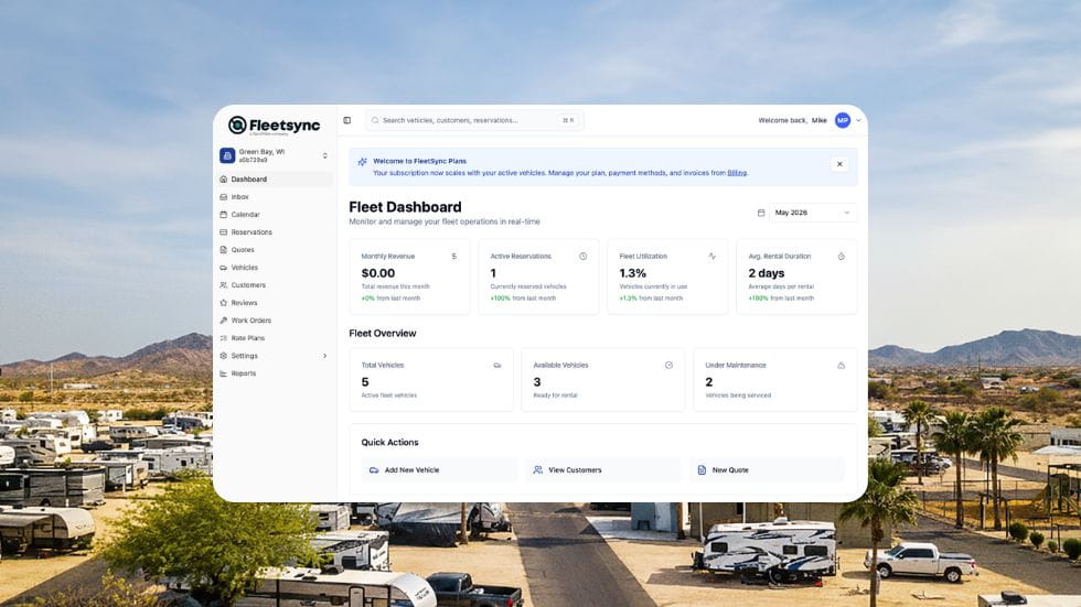 Mountain view RV campground with rows of RV sites, overlaid with a Fleetsync dashboard interface showing reservation and fleet management data.