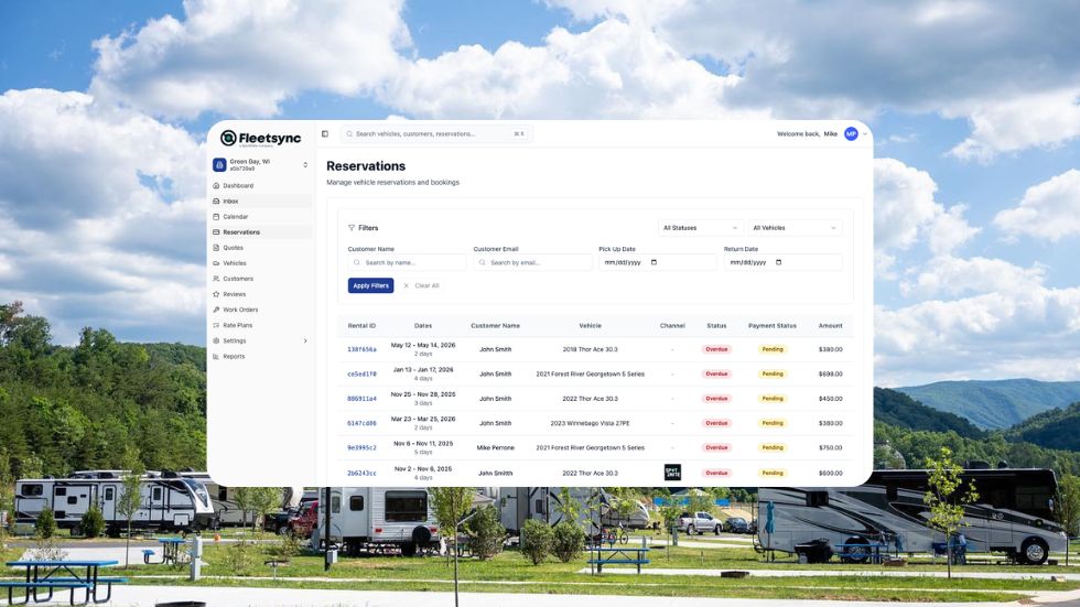 Fleetsync RV rental software reservations tool shown over a mountain RV site landscape.