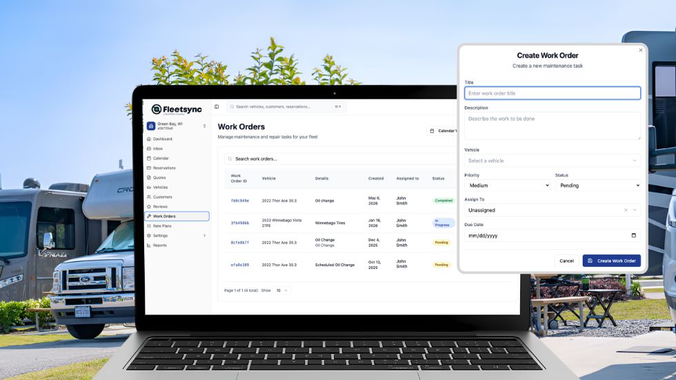 Fleetsync’s fleet maintenance management Work Orders screen displayed on a laptop with a work order creation popup, set against a sunny RV site in the background.